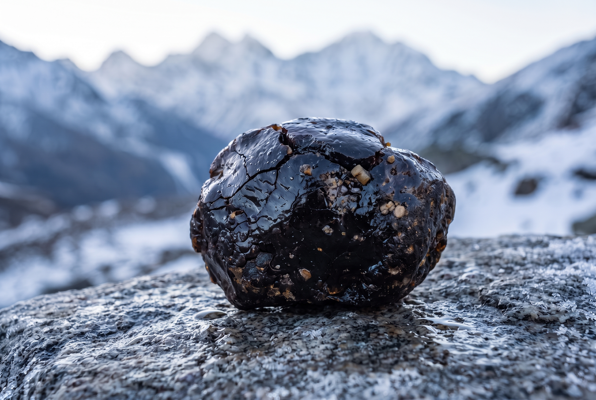 Bloc de résine de shilajit brute posé sur un rocher, avec les sommets enneigés de l'Himalaya en arrière-plan