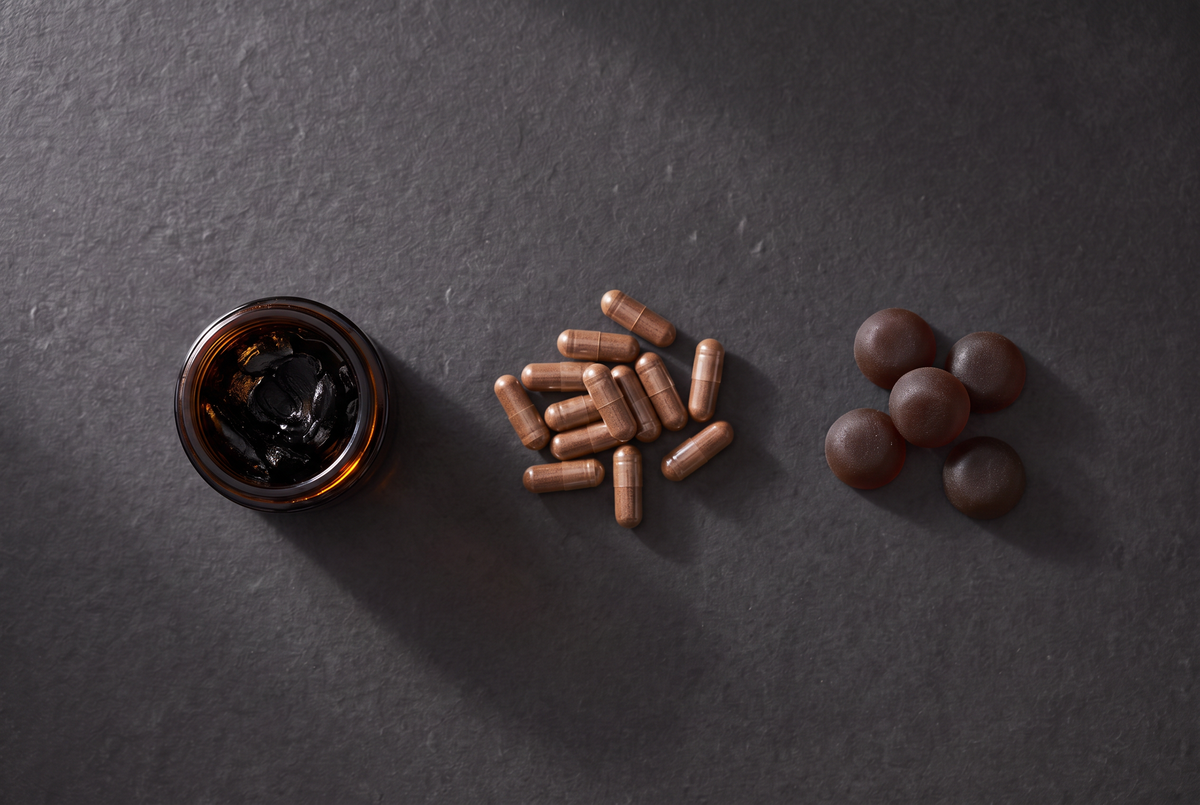 Trois formats de shilajit côte à côte sur une ardoise : résine en pot, gélules et gummies