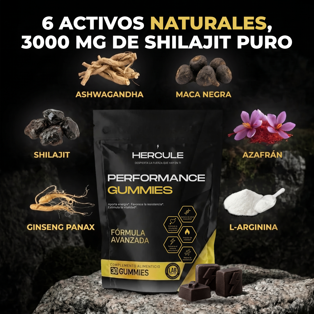 [lang:es] HERCULE Gummies Performance, 6 activos naturales y 3000 mg de shilajit puro