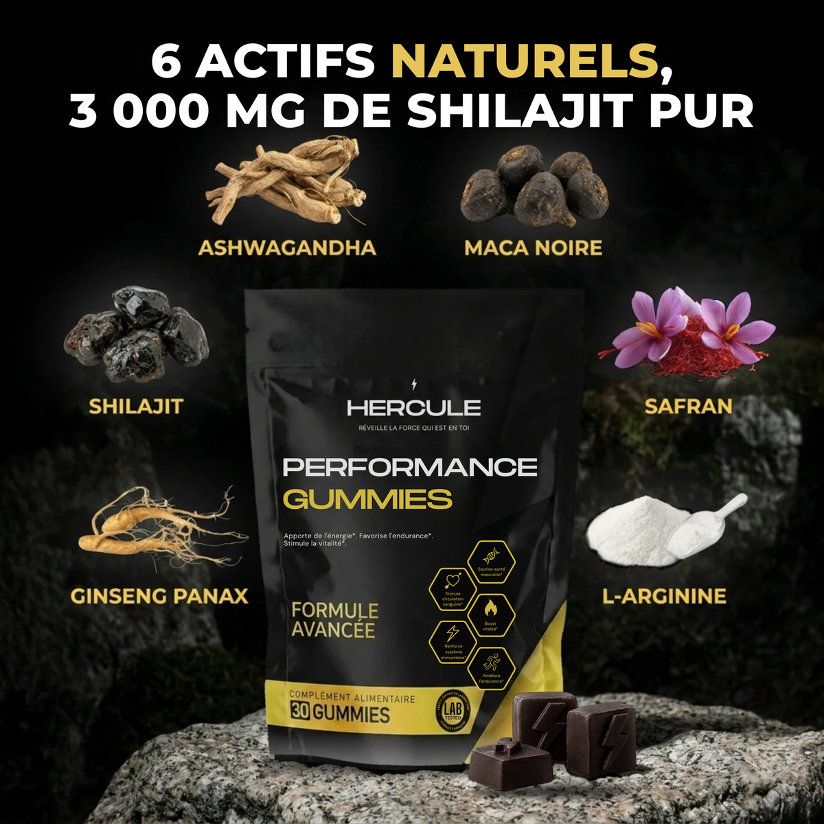 [lang:fr] HERCULE Gummies Performance, 6 actifs naturels et 3 000 mg de shilajit pur