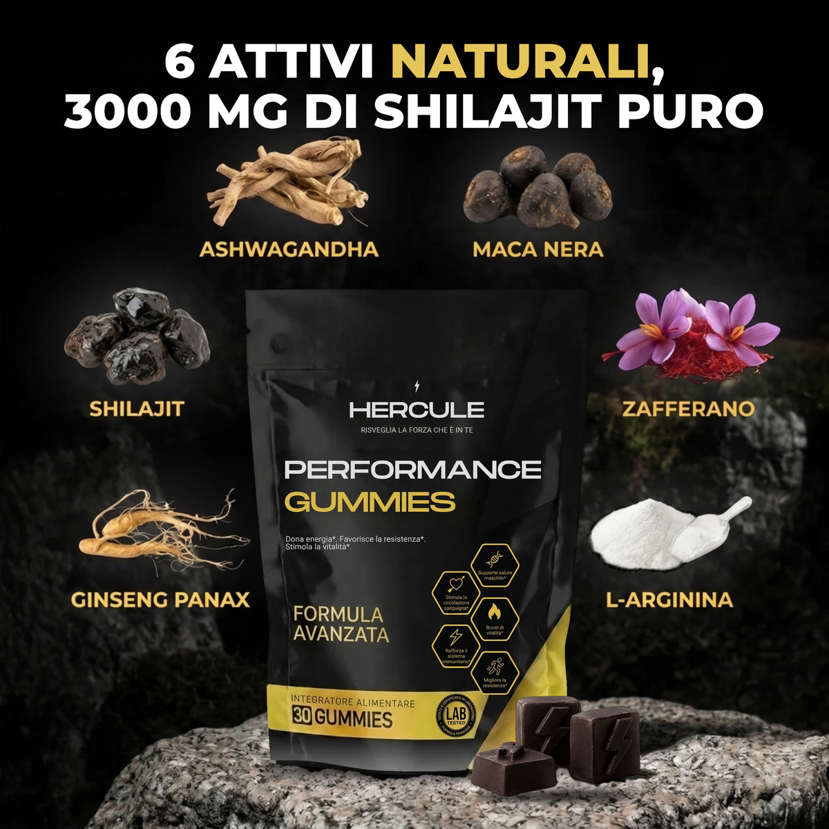 [lang:it] HERCULE Gummies Performance, 6 attivi naturali e 3000 mg di shilajit puro